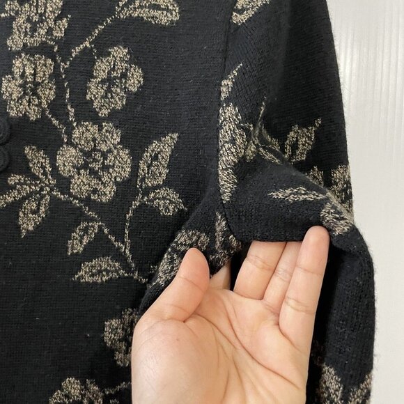 VTG Talbots Size S Black Gold Floral 100% Merino Wool Cardigan w/ Frog Closure - Picture 15 of 16